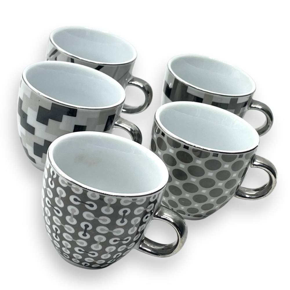 Nobles Finest Quality Set of 5 Espresso Demitasse Cups Silver Trim 2.125" Tall